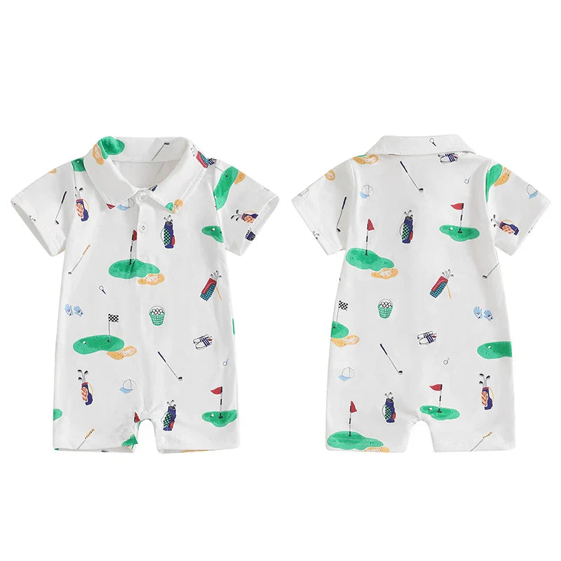 Baby Boy Girl Golf Romper Half Button-up Lapel Neck Short Sleeve Jumpsuit Summer Clothes