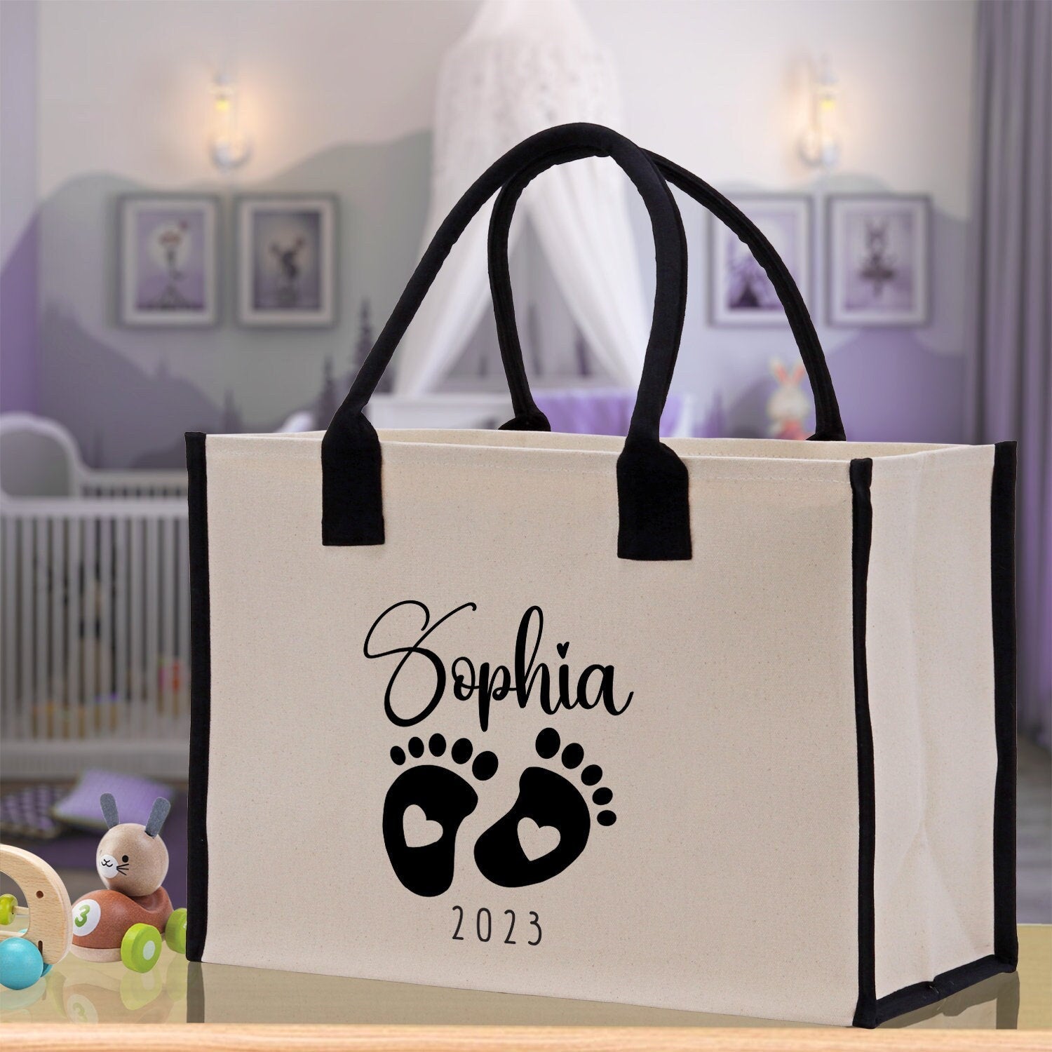 Baby Feet Personalized Name and Date Tote Bag for New Mom Pregnant Mom Shower Gift Baby Footprints Labor & Delivery Chick Tote Carrying Bag